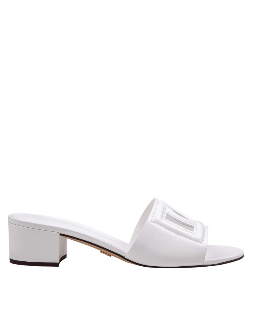 Dolce & Gabbana White Mules With Low Heel And Dg Millennials Detail In Smooth Leather Woman In White