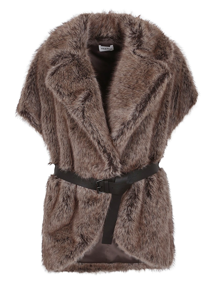 P.a.r.o.s.h Parosh Faux Fur Vest With Lapel Collar And Tone-on-tone Belt In Brown