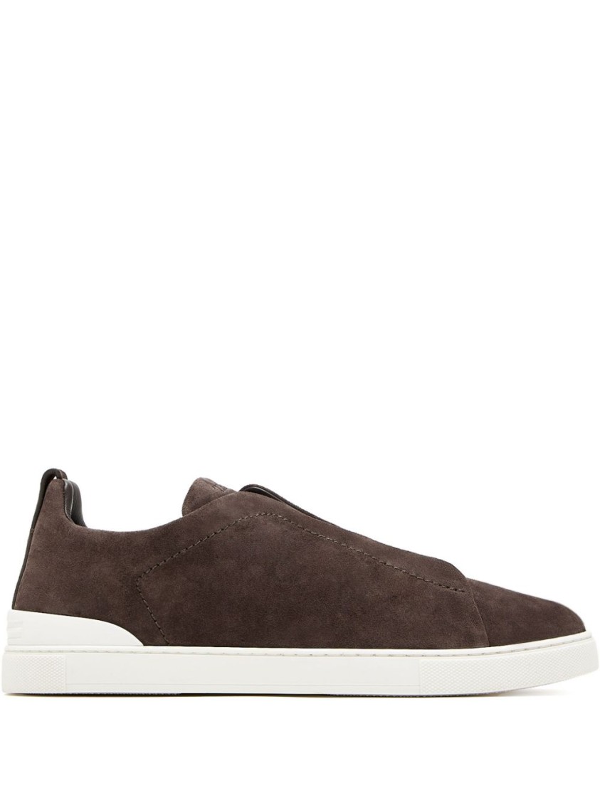 Shop Zegna Coffee Brown Leather Sneakers With Elasticated Straps In Neutrals