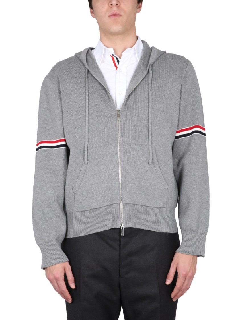 Thom Browne Zip-up Hoodie With Drawstring And Contrasting Striped Sleeves In Grey