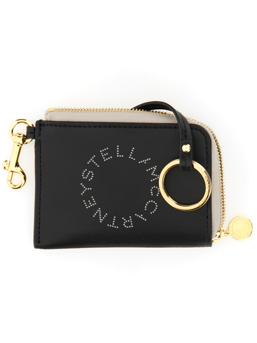 Stella Mccartney Compact Wallet With Perforated Logo And Zip Closure In Black