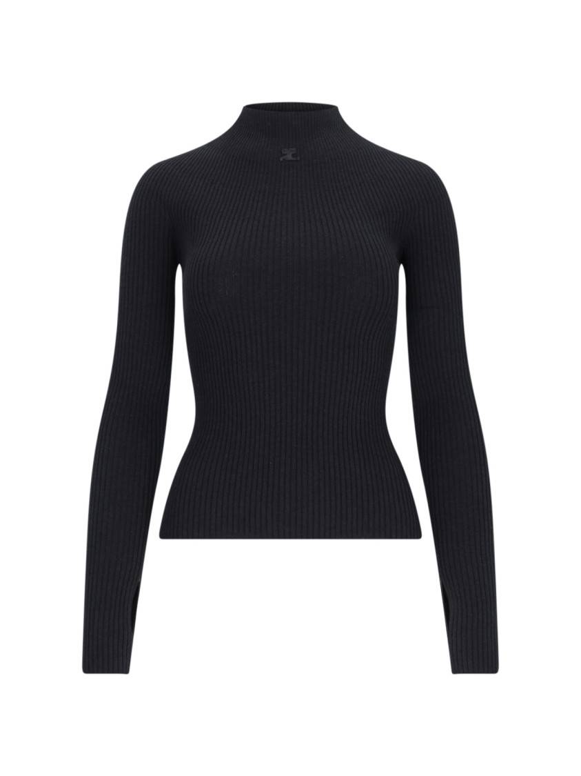 COURRÈGES COURRÈGES HIGH-NECK SWEATER IN BLACK COTTON AND WOOL BLEND