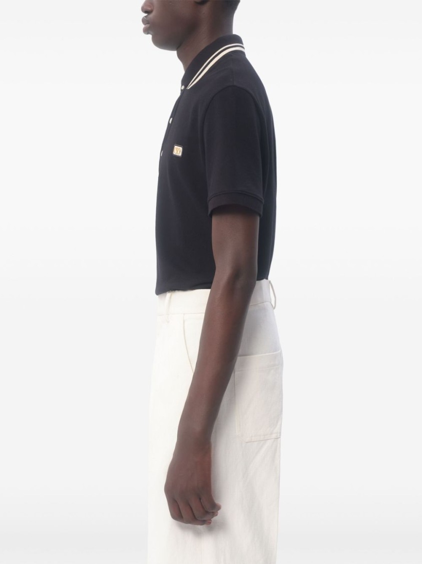 Valentino Garavani Black Polo Shirt With Classic Bicolor Collar And Logo Patch On The Front In Cotto