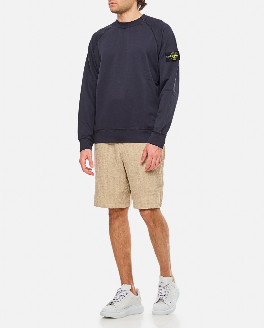 Stone Island Round-neck Sweatshirt With Ribbed Cuffs And Logo Detail In Blue