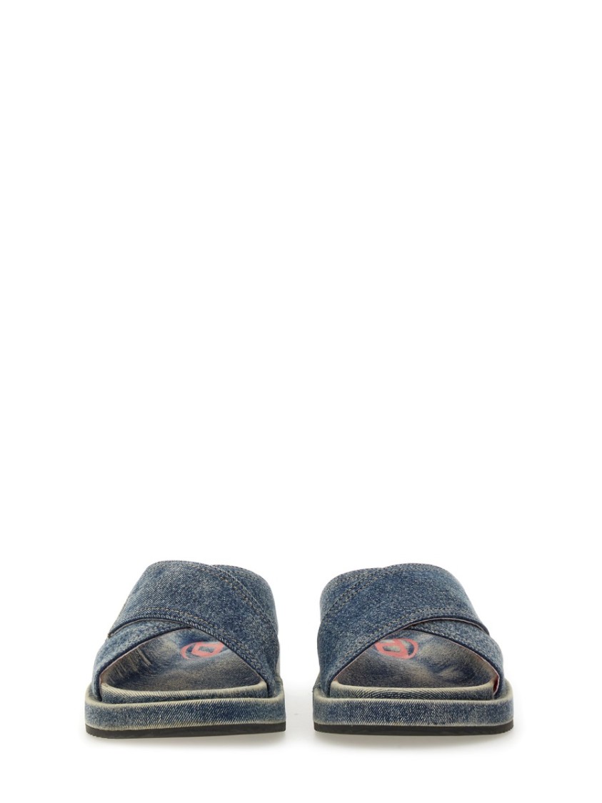 Diesel Sa-slide-denim Slides With Criss-cross Straps In Blue