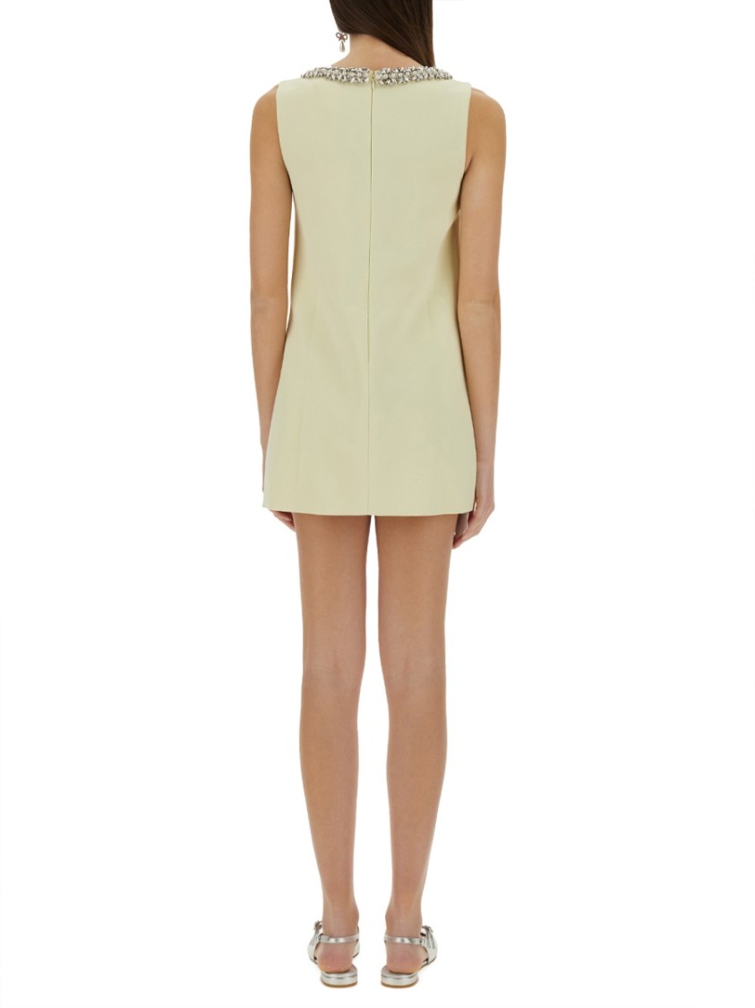 Self-portrait Yellow Crewneck Mini Dress With Jewel Embellishment On The Collar And Bow Detail On The Front In Tec In Nude