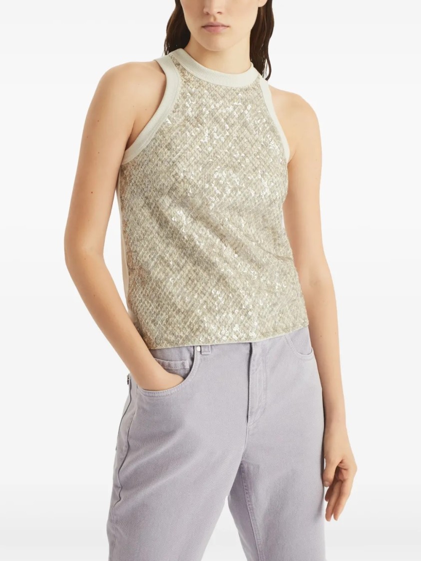 Brunello Cucinelli Stretch Cotton Jersey Top With Dazzling Net Embroidery In Neutrals