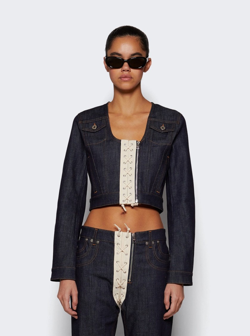 Shop Jean Paul Gaultier Cropped Indigo Denim Jacket In Blue
