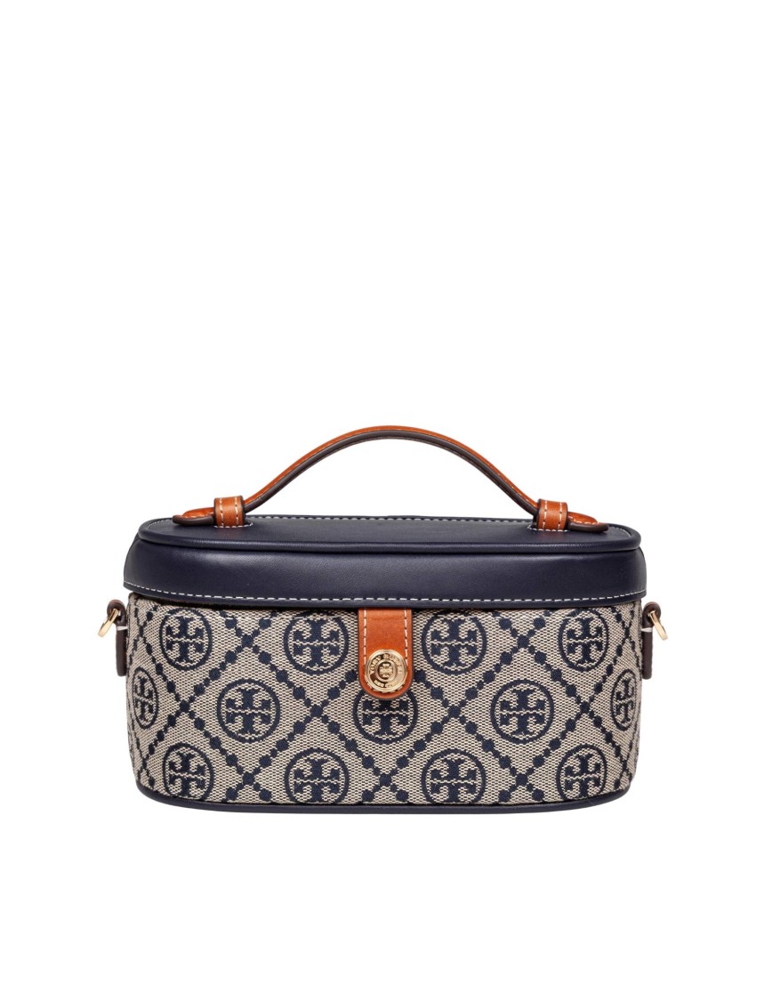 Tory Burch Leather And T Monogram Fabric Vanity Case In Gray