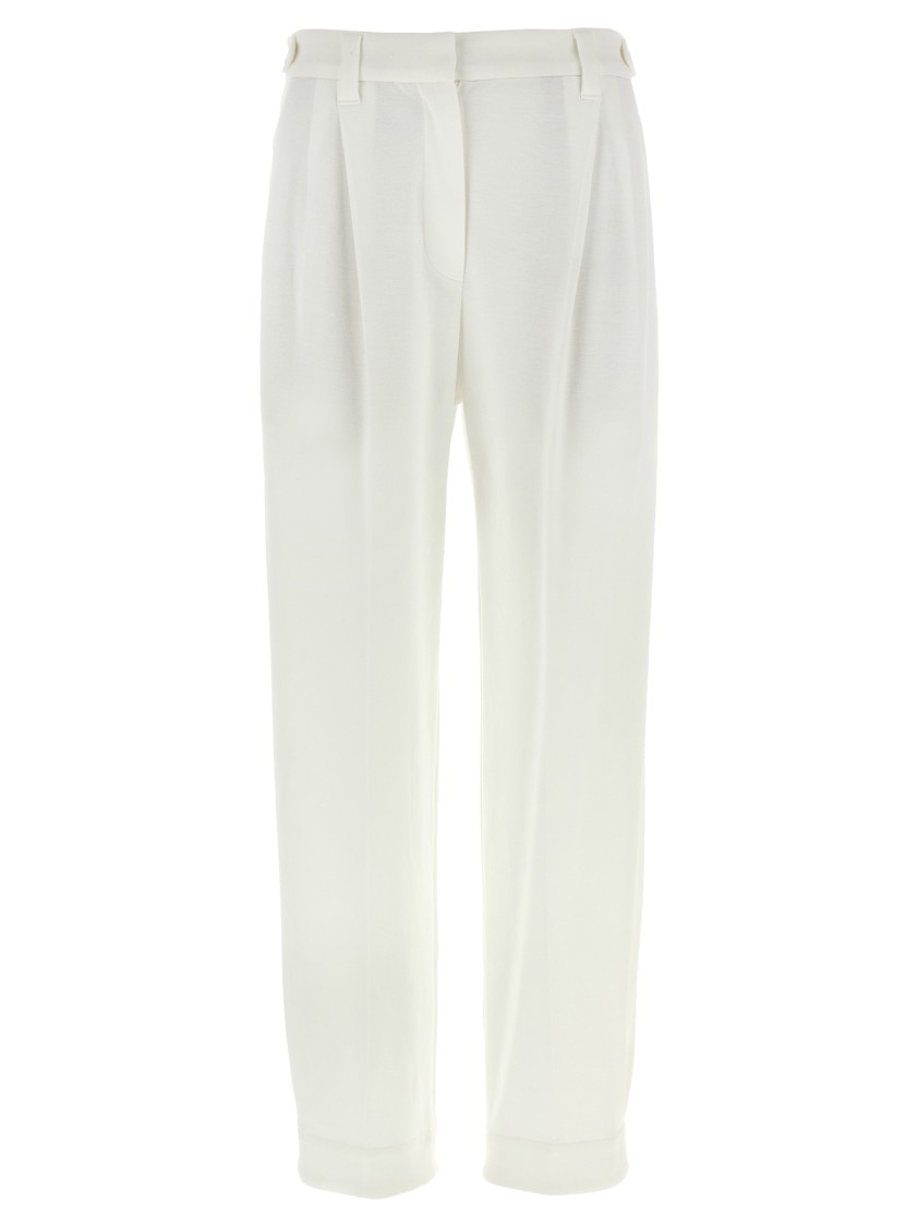 Brunello Cucinelli High-waisted Cotton Piqué Pants With Front Pleats In White