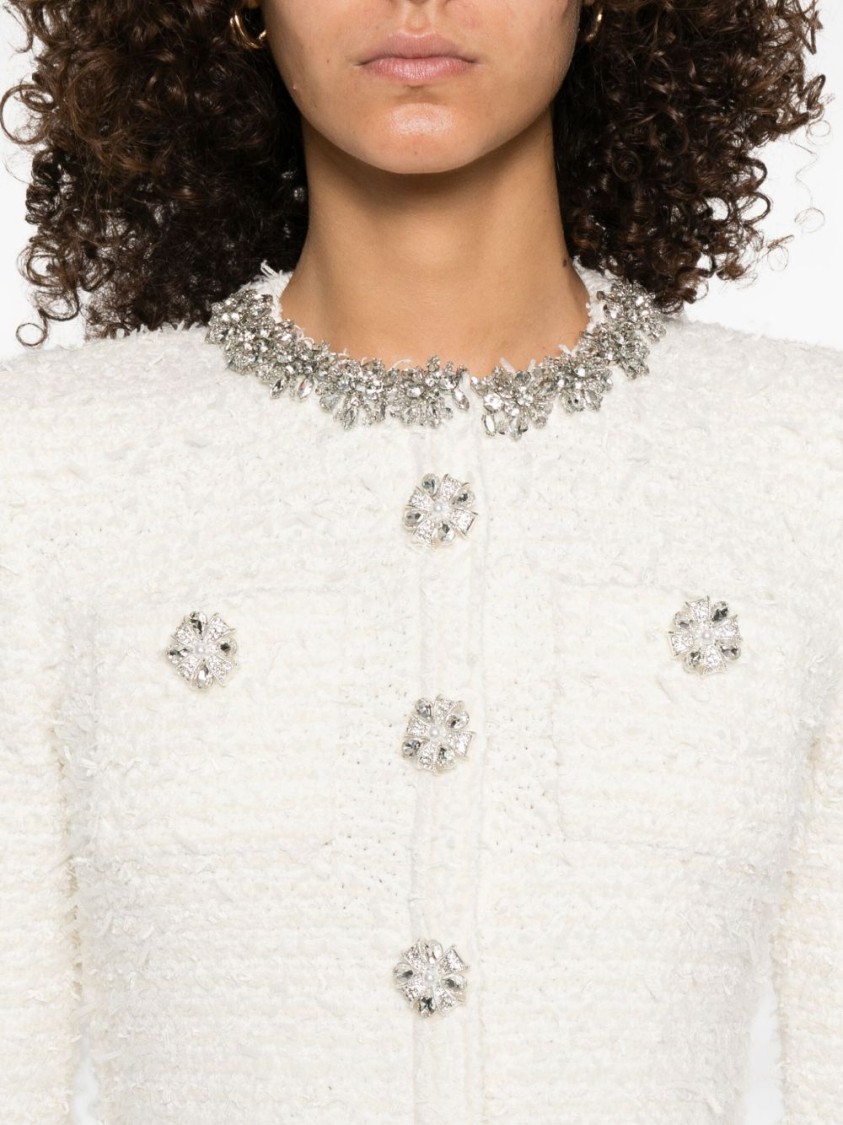 Self-portrait Cropped Sweater With Textured Boucle Knit And Crystal Embellishments In White