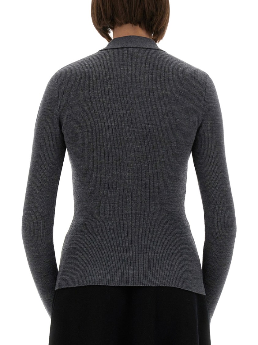 Ganni Grey Sweater With Classic Collar And Check Motif On The Front In Wool Woman In Gray