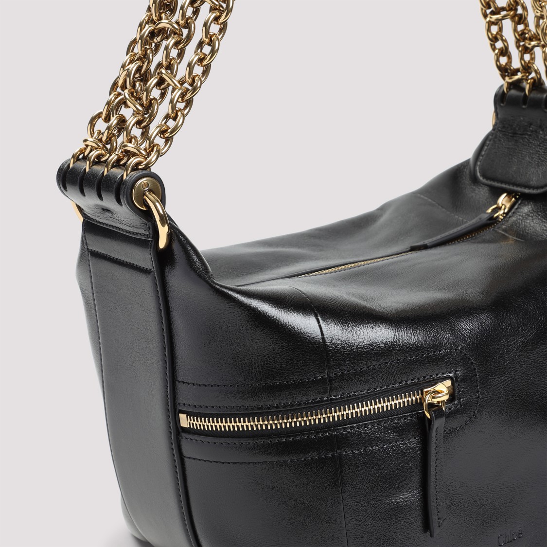 Chloé Sac Porté Épaule Camera Chain En Cuir Brillant Femme Noir Taille Onesize 100% Bubalus Bubalis, Farme In Black