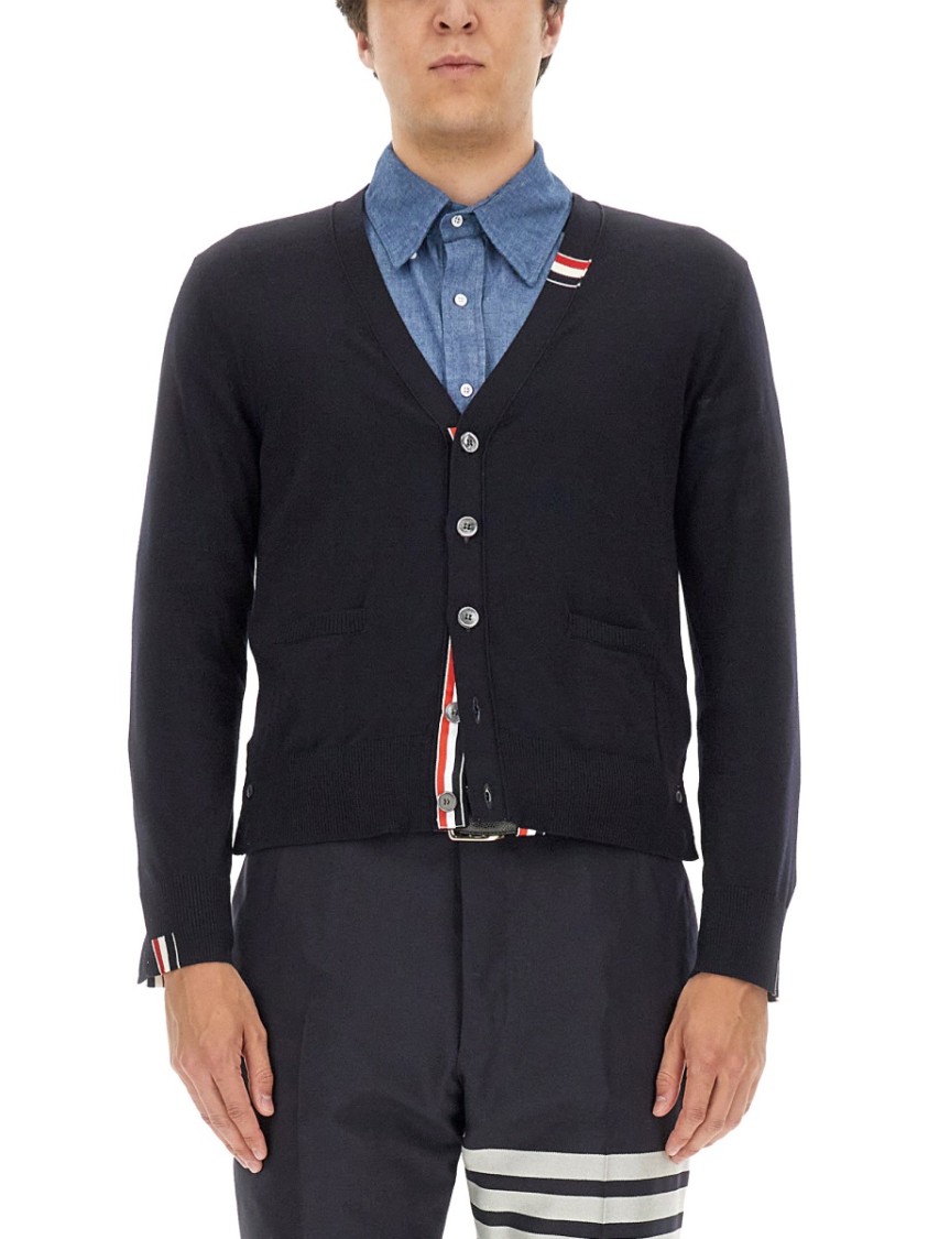 Shop Thom Browne Wool Cardigan In Blue