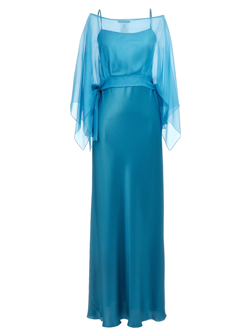 Alberta Ferretti Blue Long Dress With Layered Design And Upper Cape In Blue