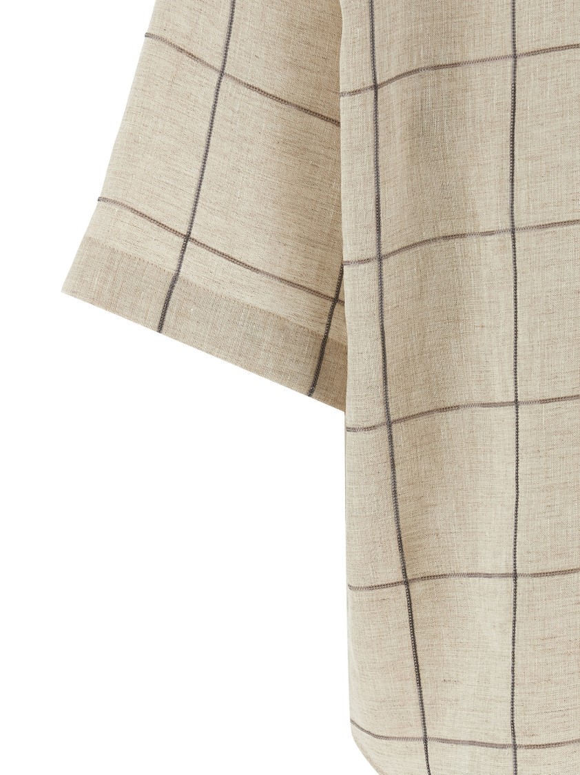 Brunello Cucinelli Linen Shirt With Micro-sequin Check Embroidery In Neutral