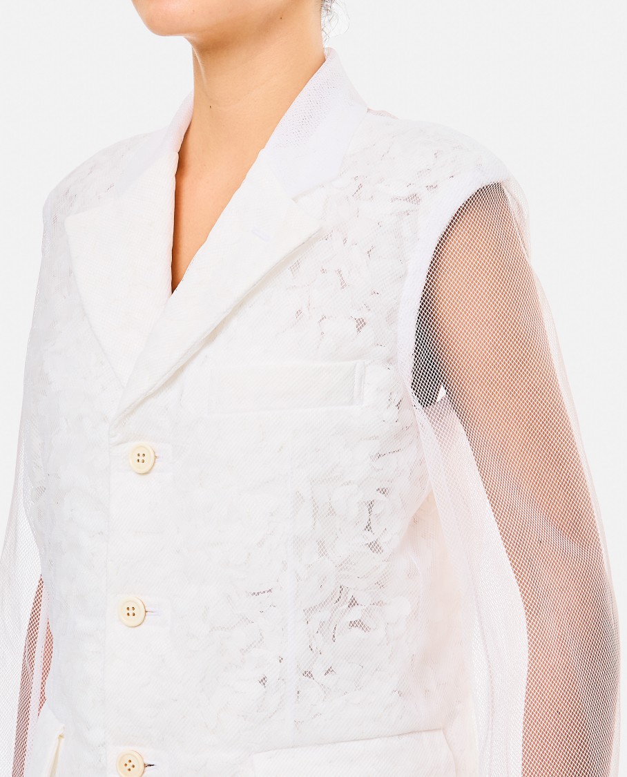 Comme Des Garçons Tulle Blazer Jacket With Micro-flower Overlay In White
