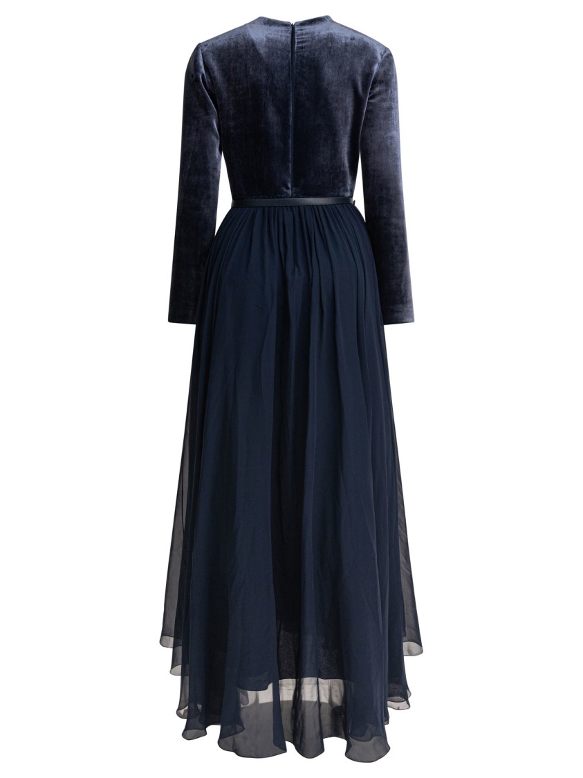 Elie Saab Velvet Pleated Maxi Dress With Belted Waist In Black