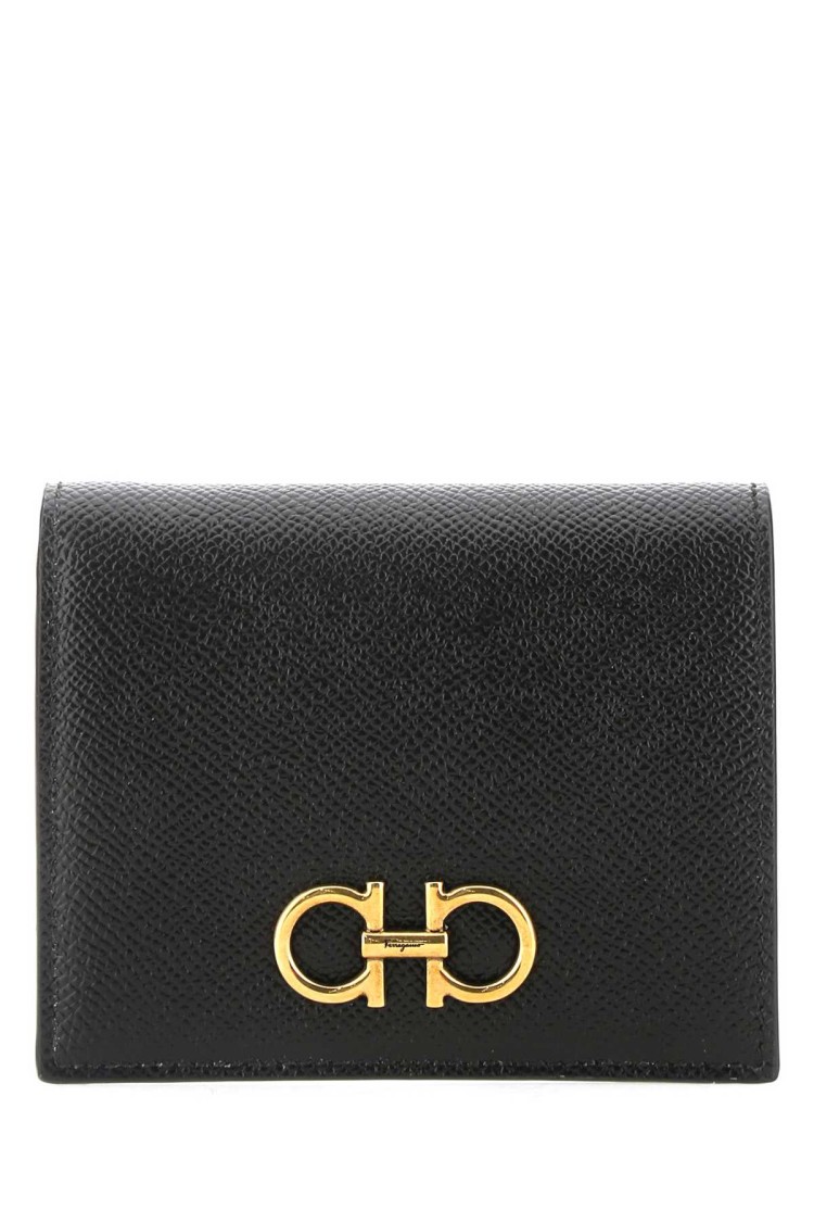 Ferragamo Gancini Compact Leather Wallet In Black