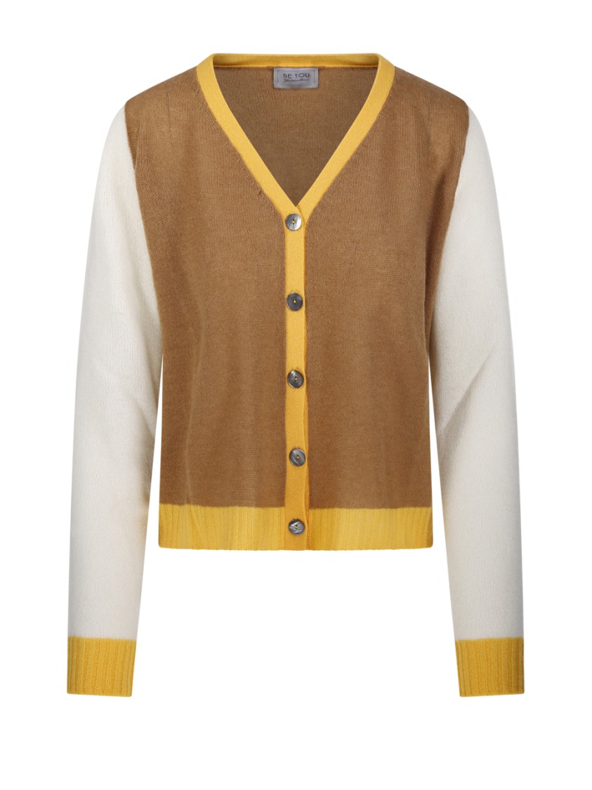 Be You Color-block Cashmere Cardigan With V-neckline In Brown