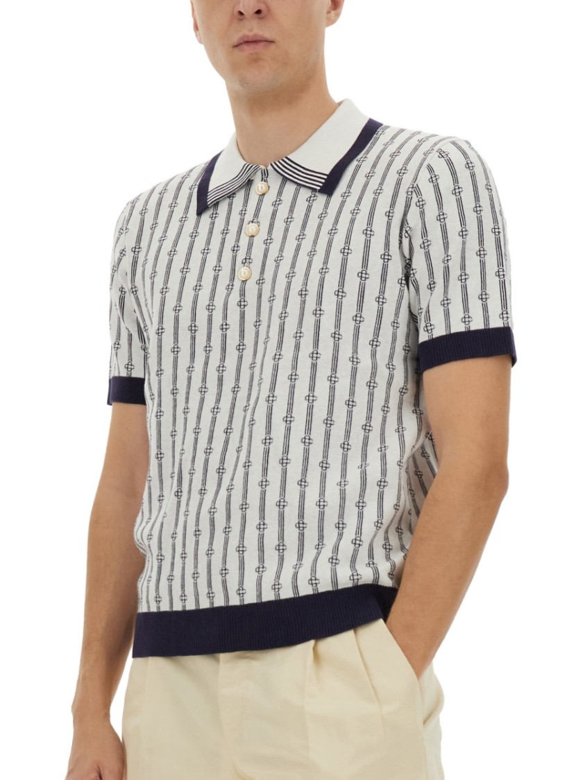 Casablanca White Polo With Classic Collar And All-over Logo Motif In Cotton Man In Neutrals