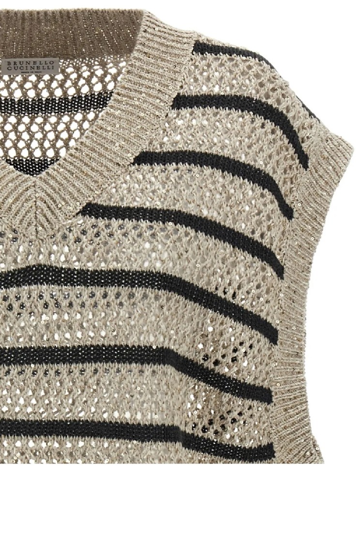 Brunello Cucinelli Cropped V-neck Knit Top With Textured Stripes In Multi