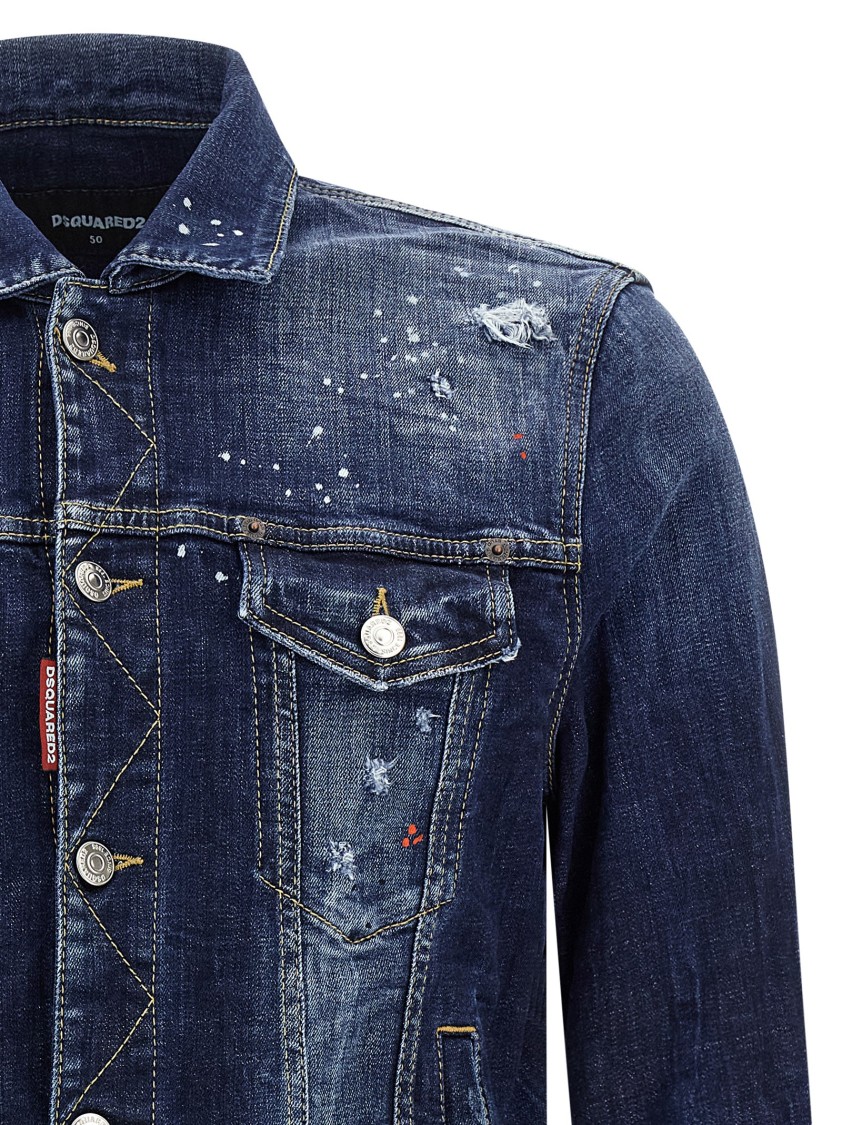 Dsquared2 Dan Blue Jacket With Classic Collar And All-over Painted Details In Denim Man In Blue