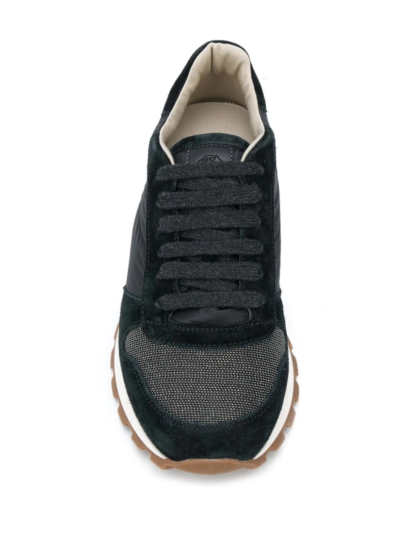 Brunello Cucinelli Suede And Leather Sneakers With Cushioned Sole In Black