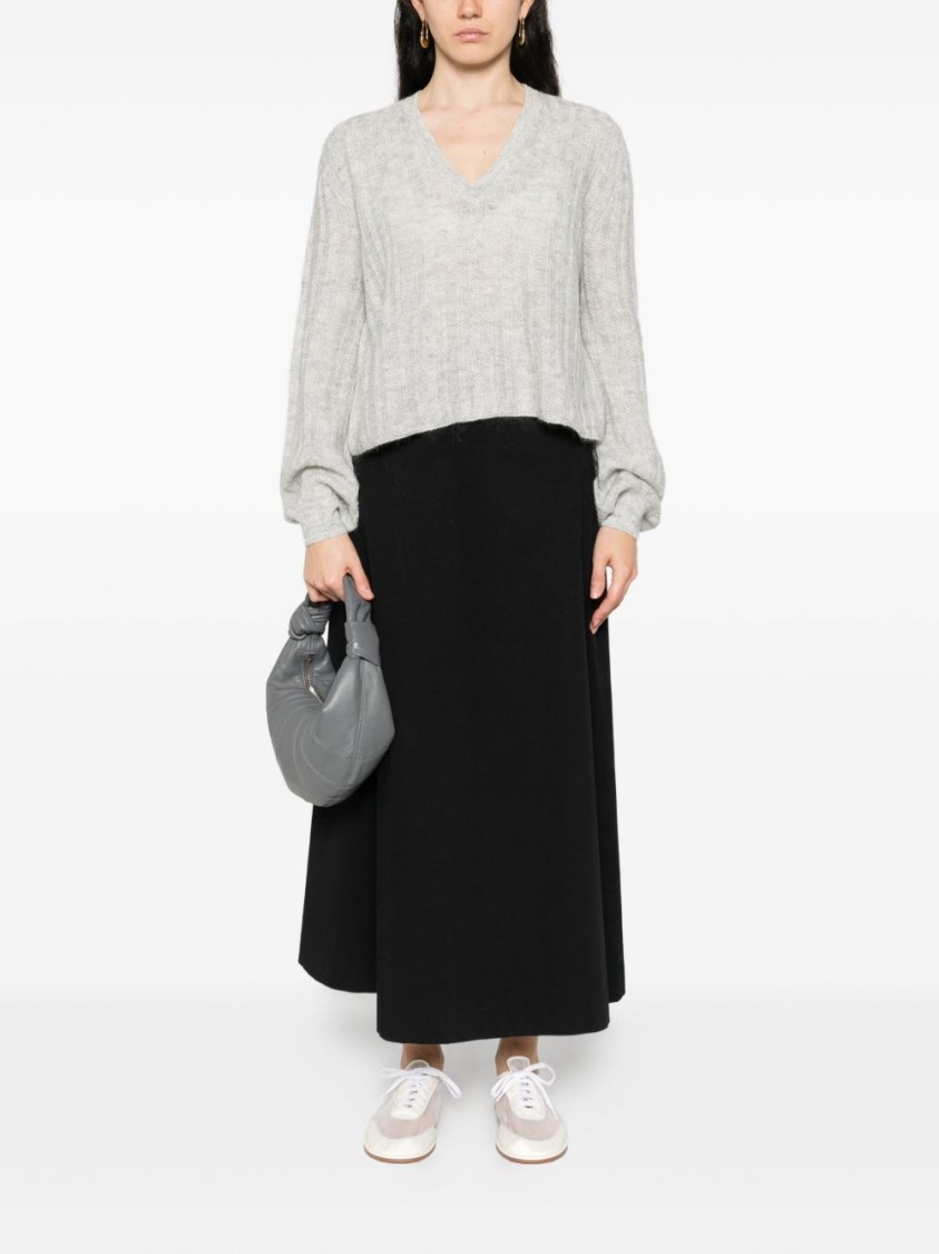 Twinset Twin-set Cropped V-neck Sweater With Balloon Sleeves And Textured Knit In Gray