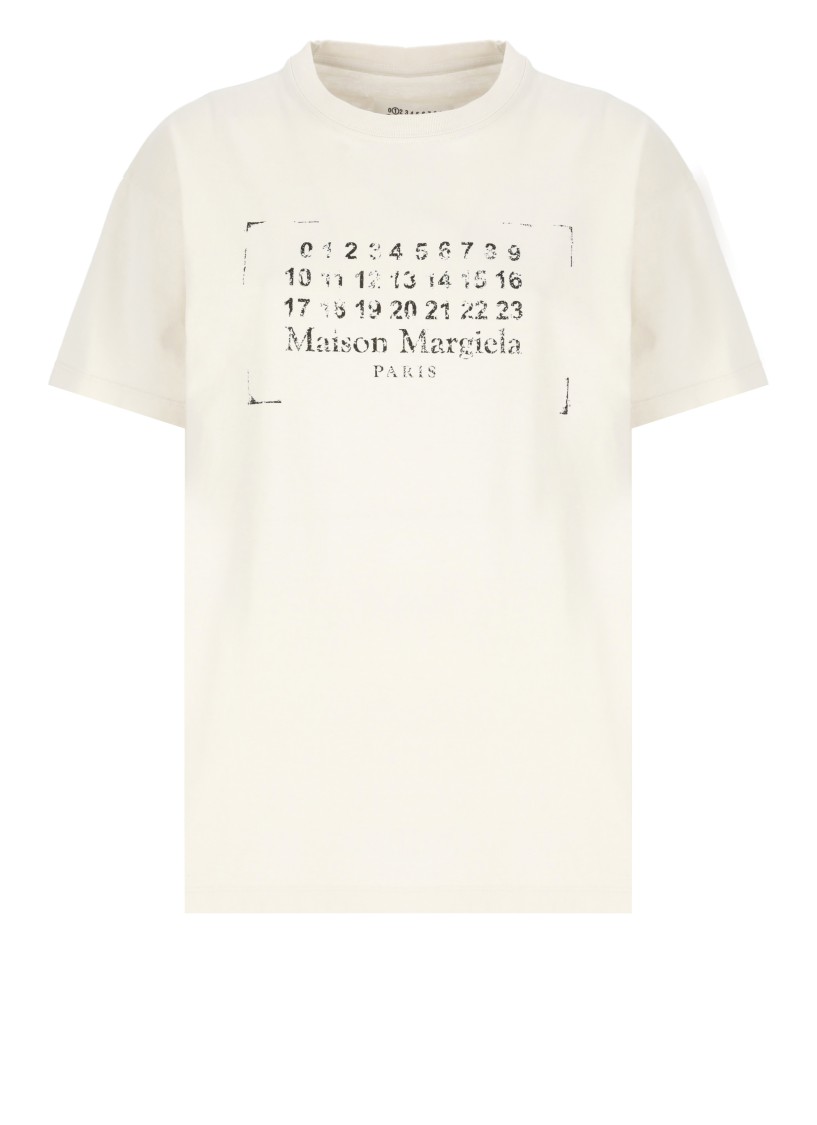 Maison Margiela Butter Coloured T-shirt With Logo Print In Neutrals