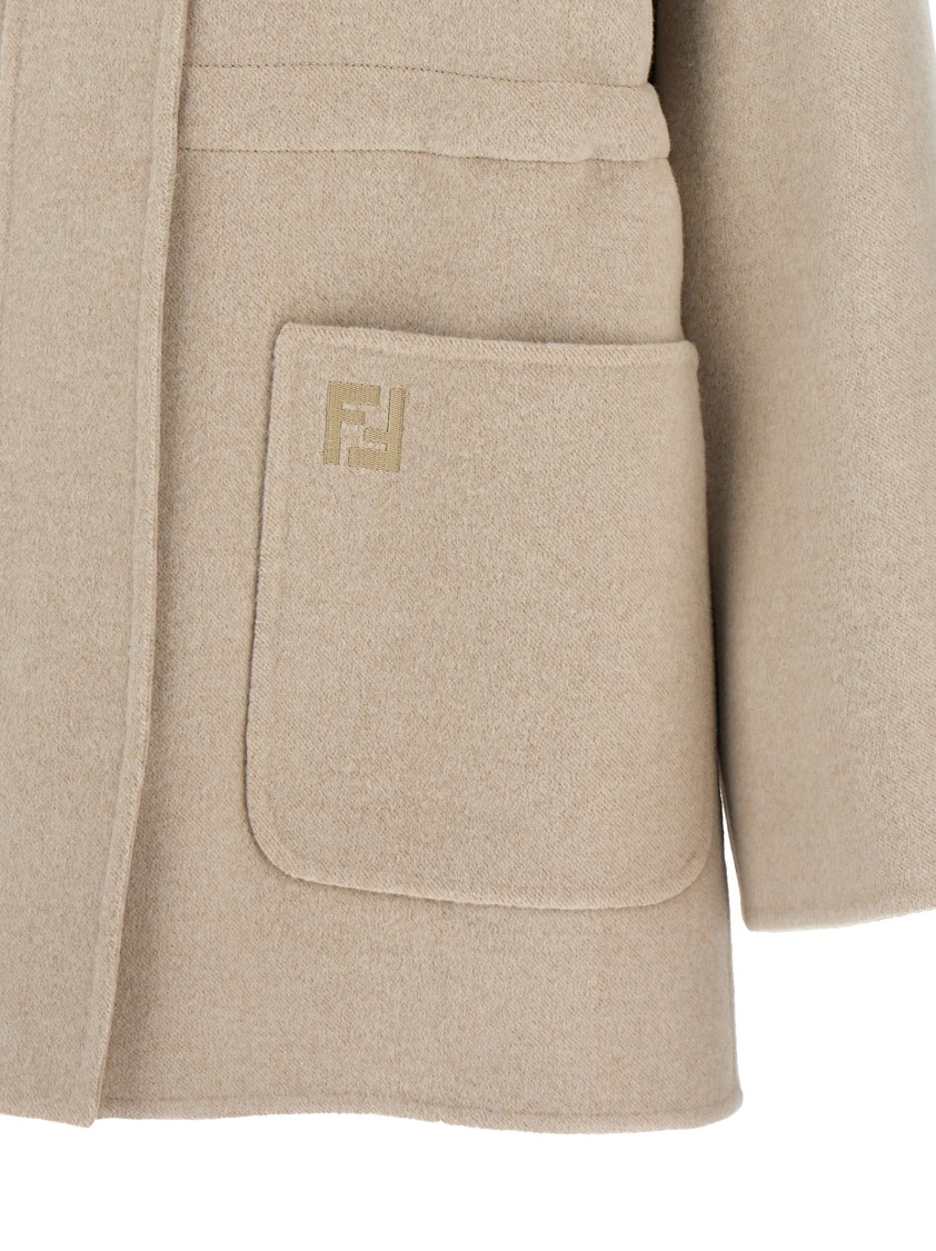 Fendi Beige Wool Parka With Removable Stole And Ff Monogram In Neutral