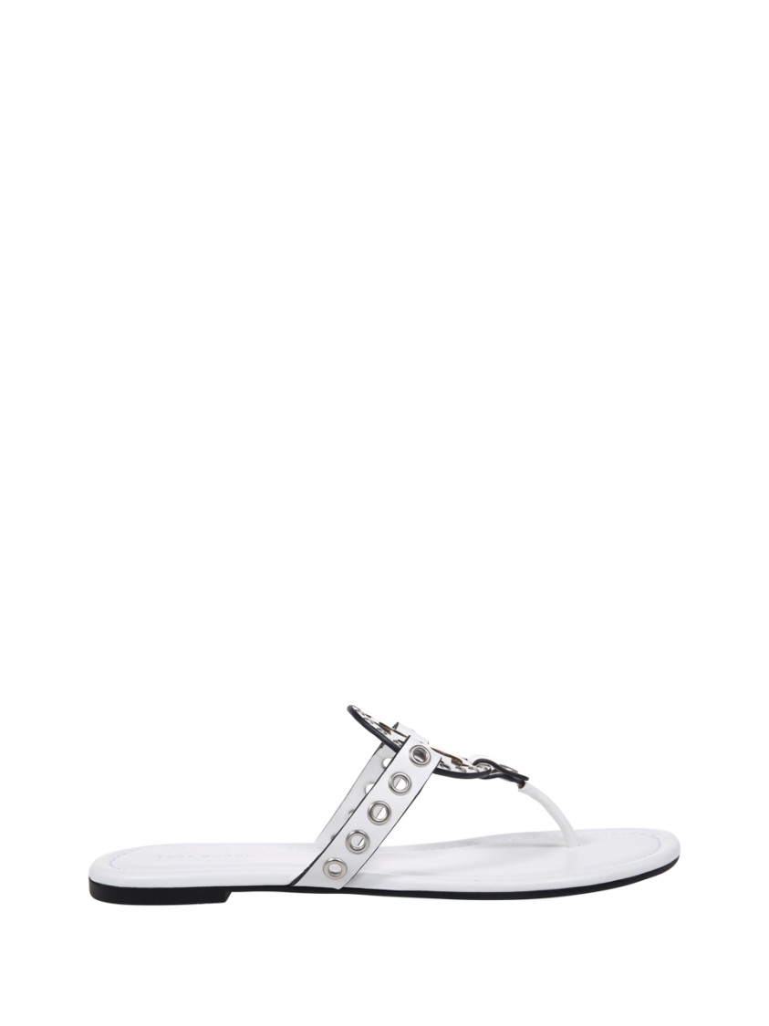 Tory Burch Eyelet Stud Flat Sole Sandal In White