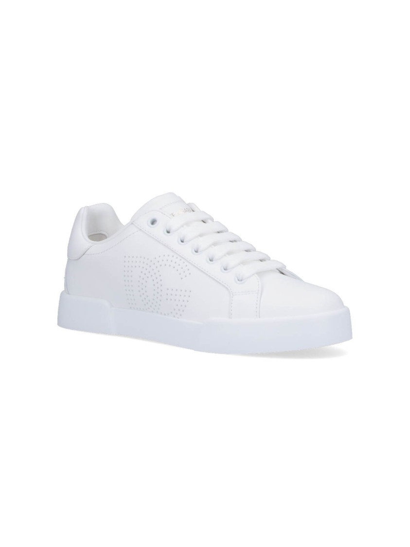 Dolce & Gabbana Leather Sneakers With Perforated Logo Detail In White