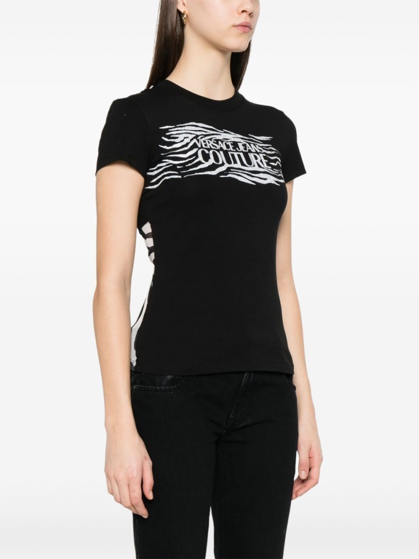Shop Versace Jeans Couture Black T-shirt With Zebra Print Sheer Panel