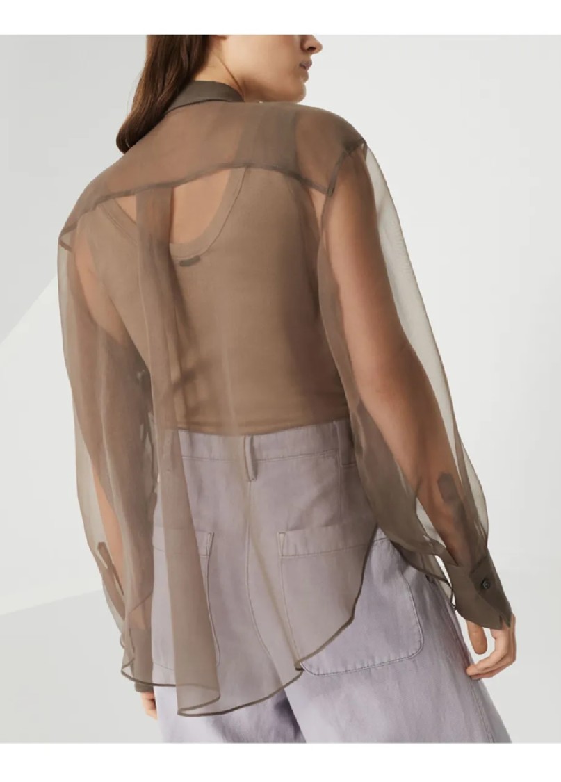 Brunello Cucinelli Brown Shirt With Semi-transparent Design And Embroidery On The Front In Silk Woman In Brown
