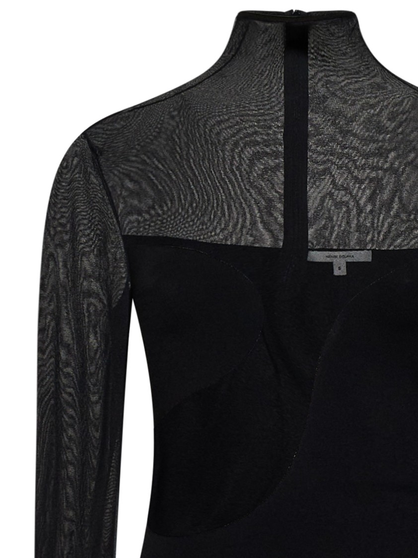 Nensi Dojaka Asymmetric Line Bodysuit With Sheer Sleeves And High Neck In Black