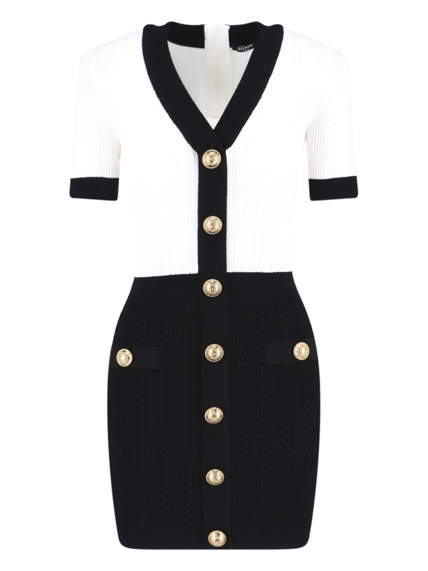 Balmain V-neck Buttoned Strong-shoulder Torsade Knit Mini Dress