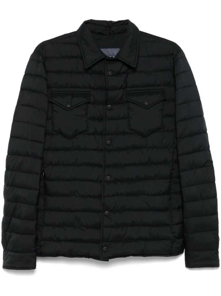 Herno Quilted Blue Coat With Button-up Front In Black