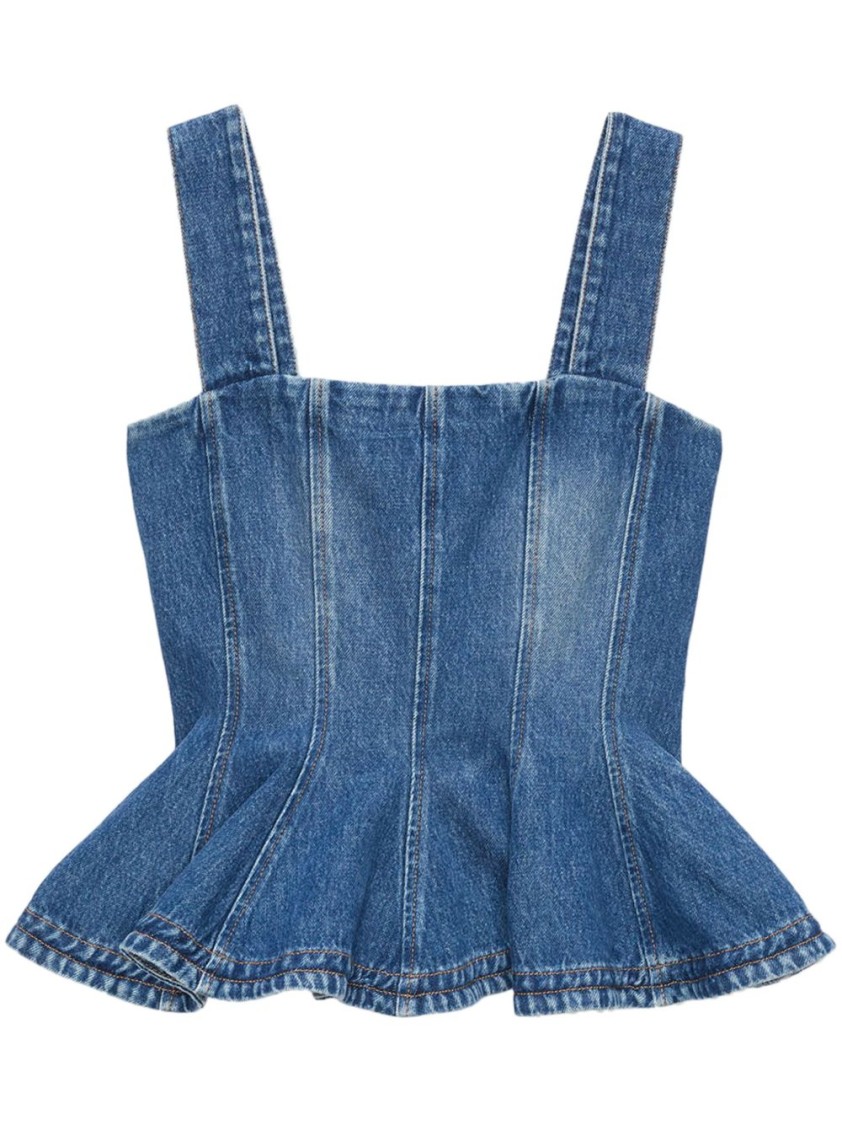 Msgm Denim Peplum Ruffle Sleeveless Square Wide Top