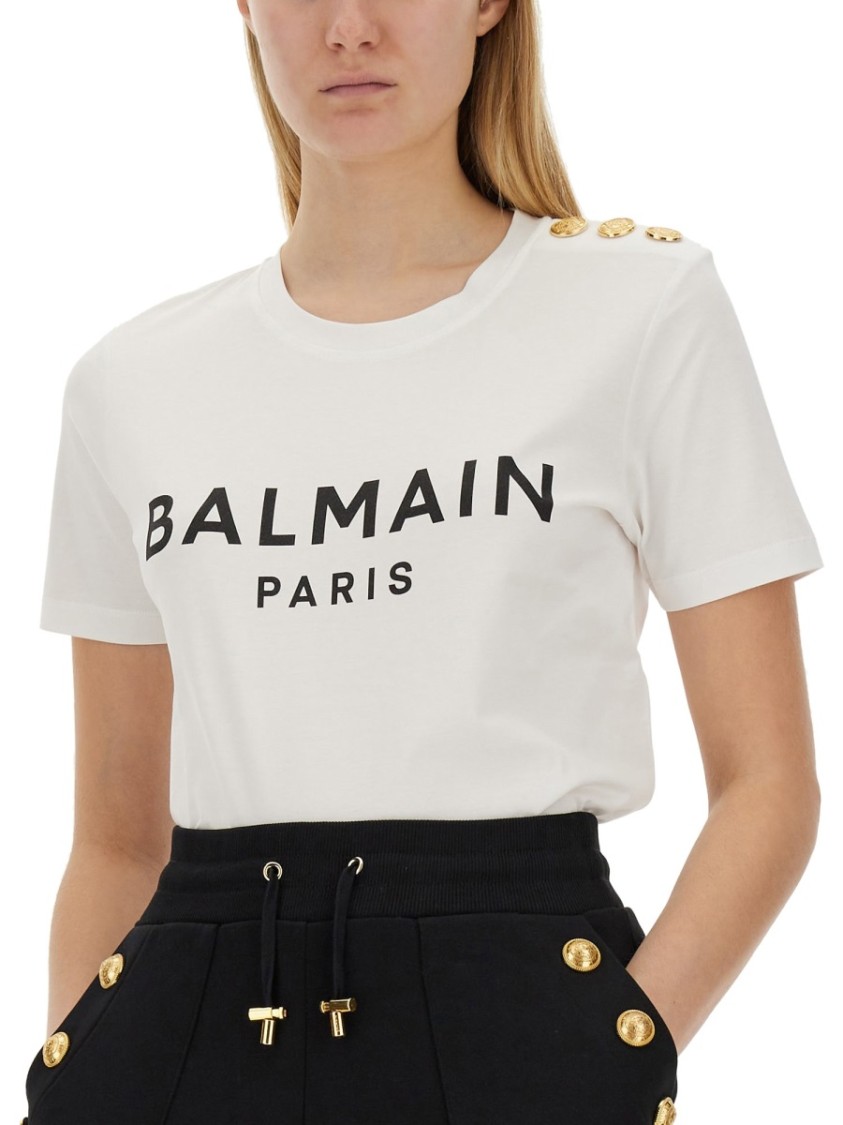 Balmain White Crewneck T-shirt With Logo Print And Golden Buttons In Jersey Woman