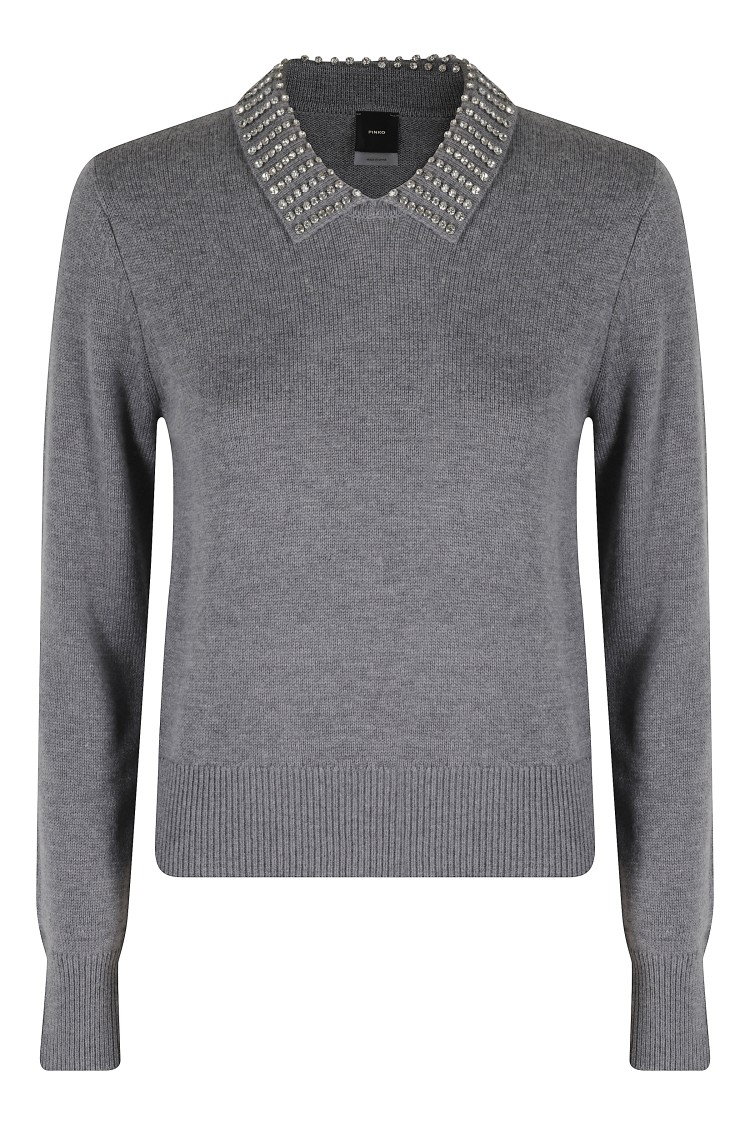 Pinko Sweater With Collar And Rhinestones In Gray