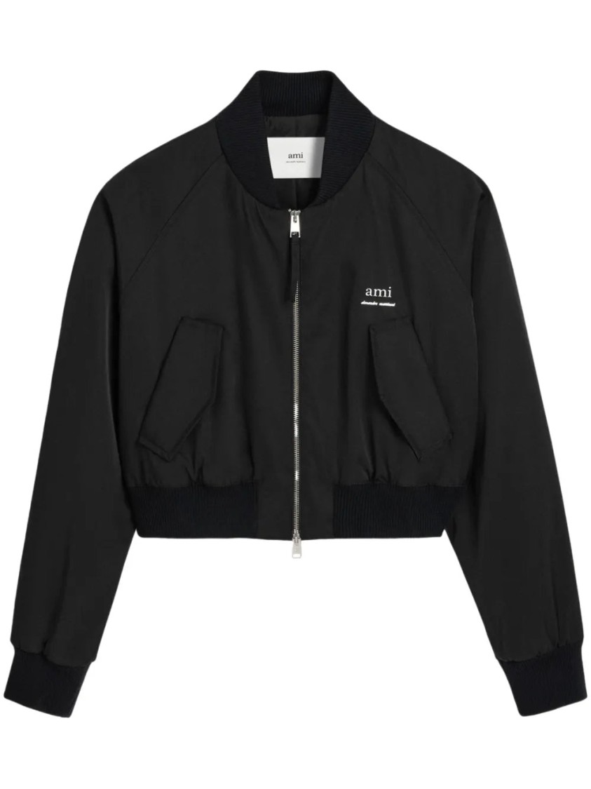 Ami Alexandre Mattiussi Ami Cropped Black Bomber Jacket With Zip Closure