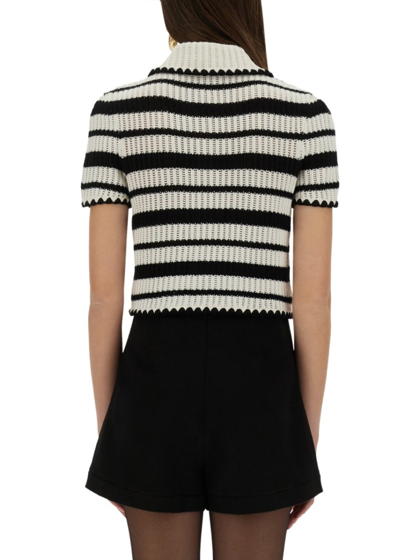 Shop Self-portrait Striped Crochet Top In Black