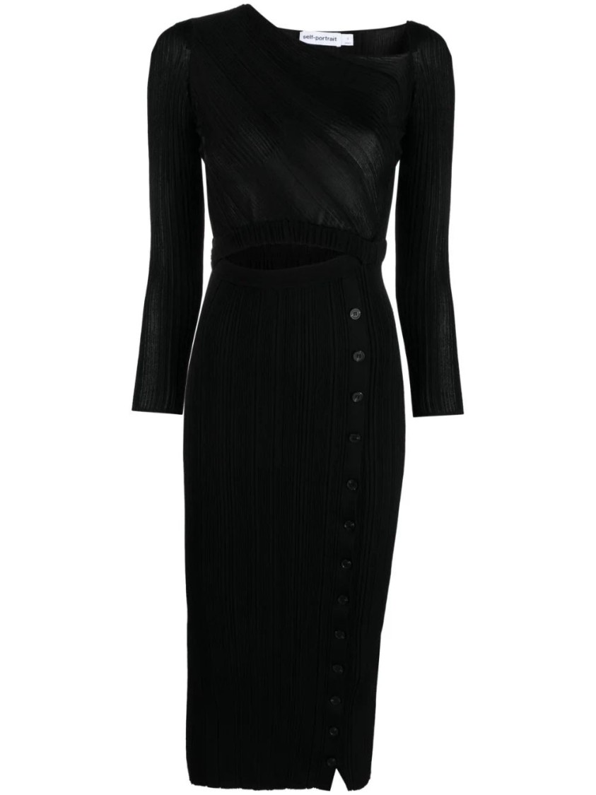 Self-portrait Textured Knit Midi Dress With Wrap Bodice In Black