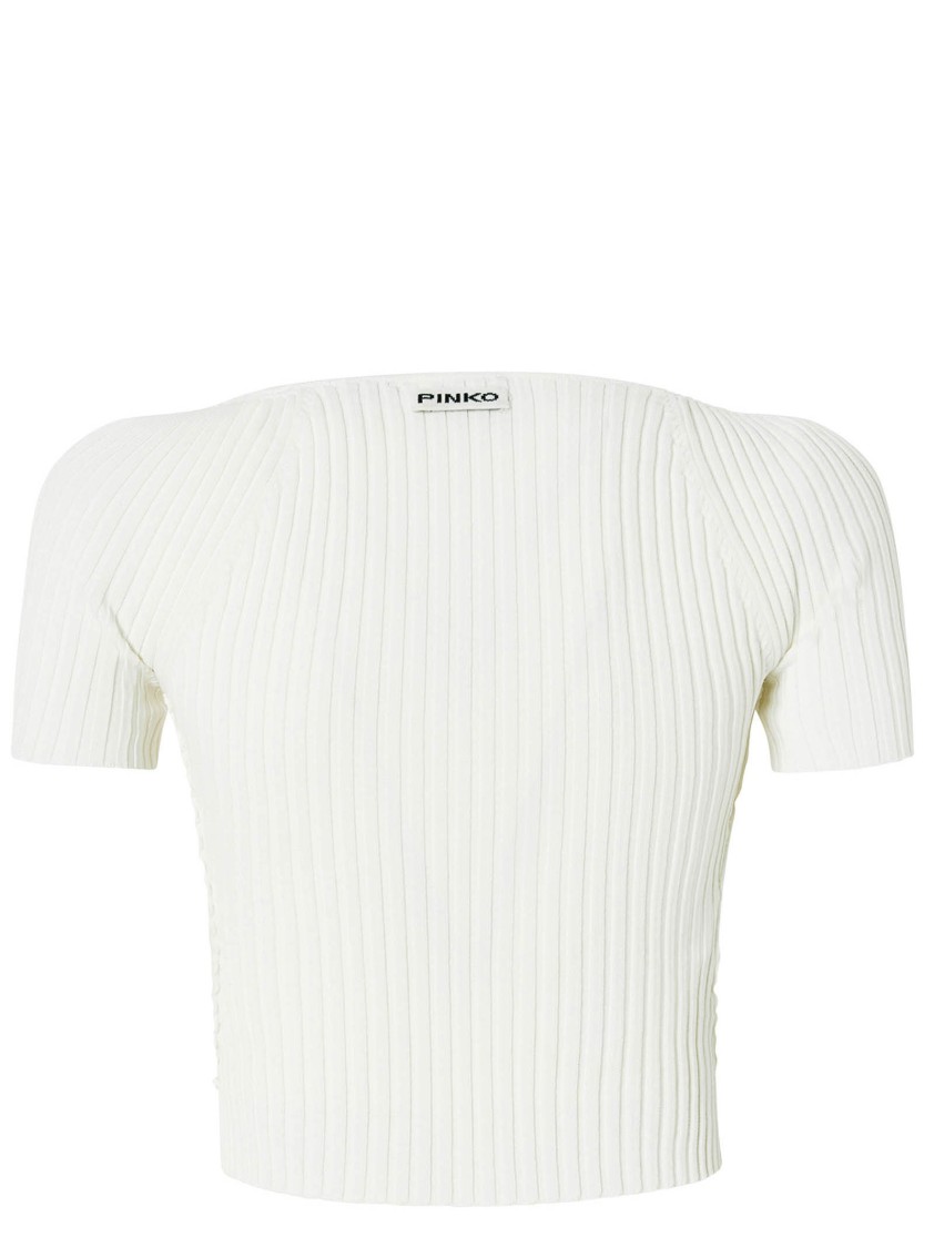 Shop Pinko Cropped White Ribbed Viscose Blend T-shirt