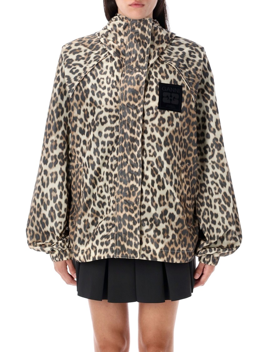 Ganni Leopard Print Nylon Jacket In Animal Print