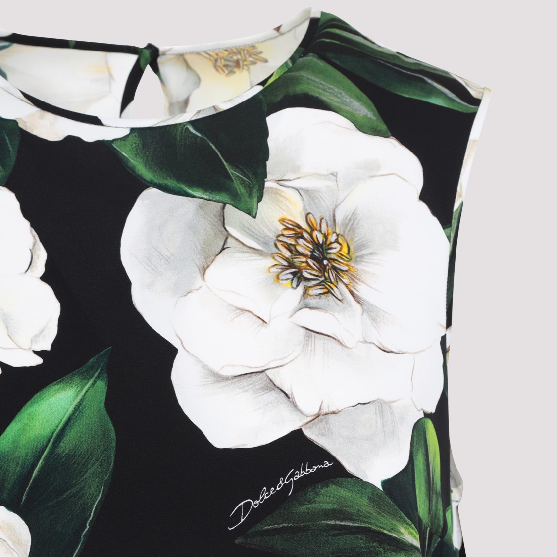 Dolce & Gabbana Gardenia Print Stretch Silk Charmeuse Sleeveless Top In Black