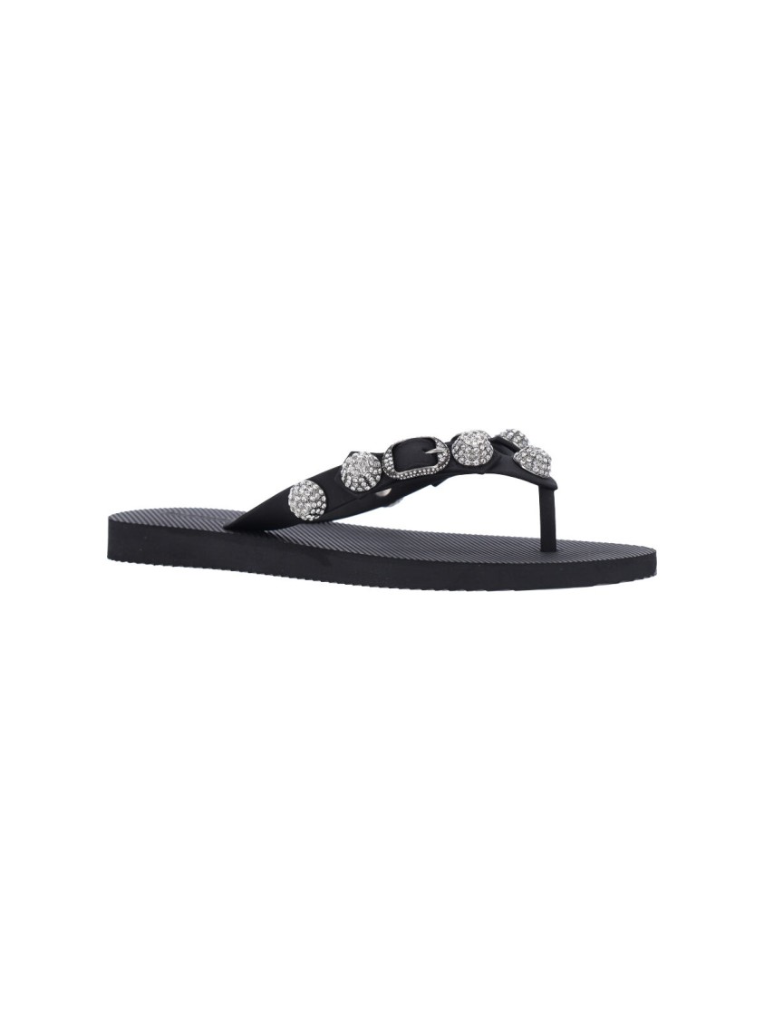 Balenciaga 'cagole' Black Rhinestoned Thong Sandals With Buckle On The Front In Tech Fabric Woman In Black