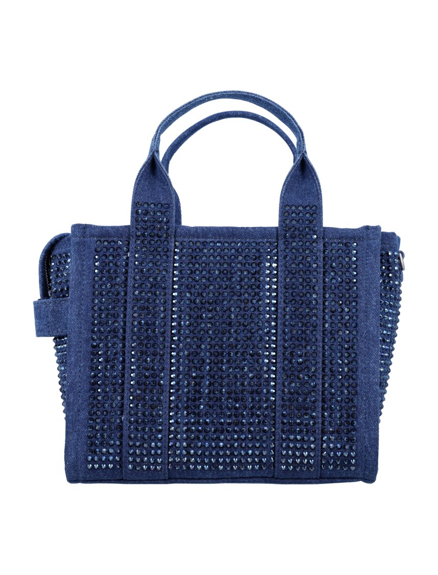 Shop Marc Jacobs Crystal-embellished Denim Small Tote Bag In Blue