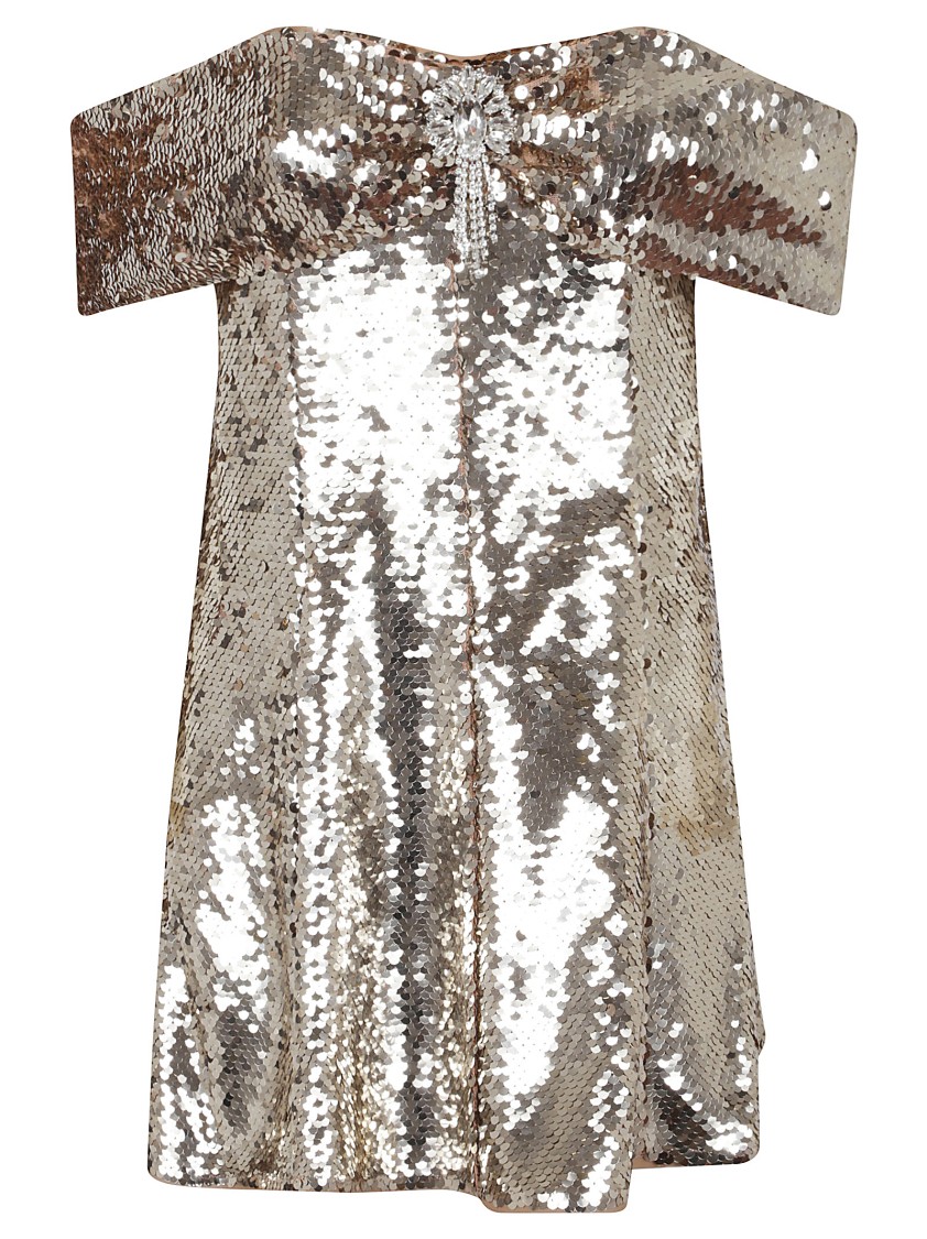 Shop Self-portrait Gold Sequin Off Shoulder Mini Dress